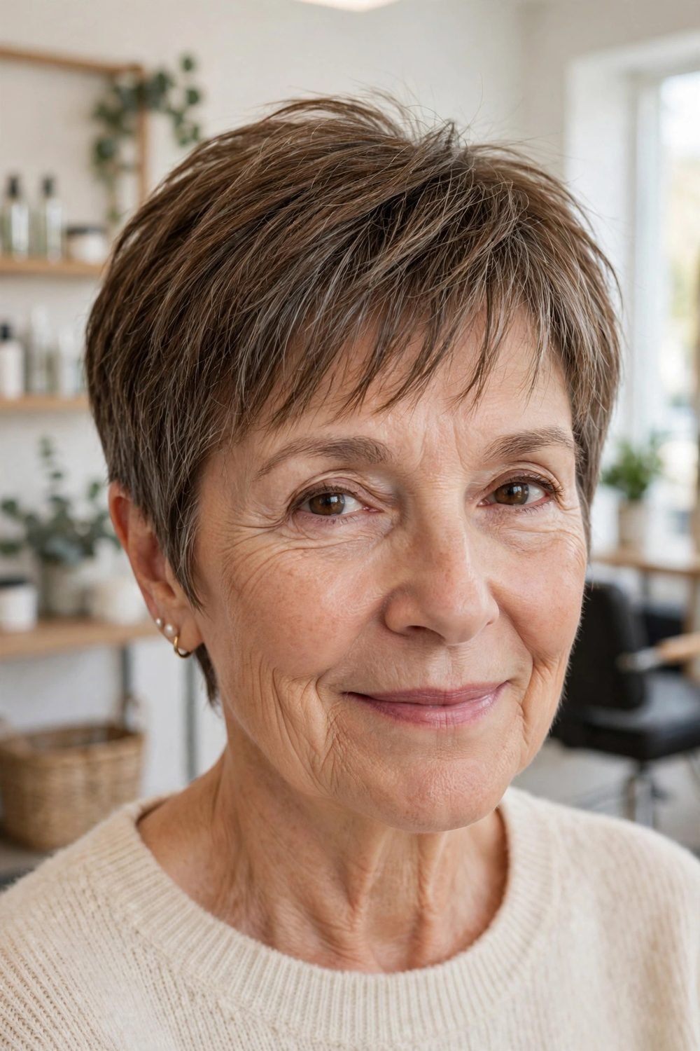 Short haircut with wispy bangs for women over 60: Wispy Pixie Fringe With Soft Tapered Sides