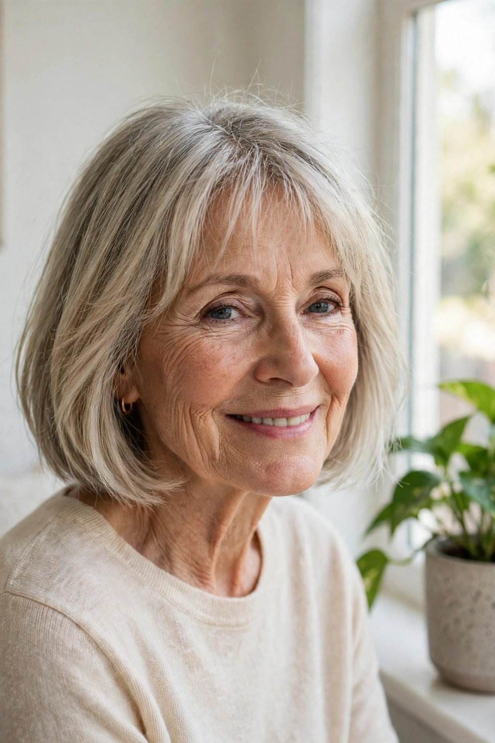 Short haircut with wispy bangs for women over 60: Feathered Bob With See Through Bangs