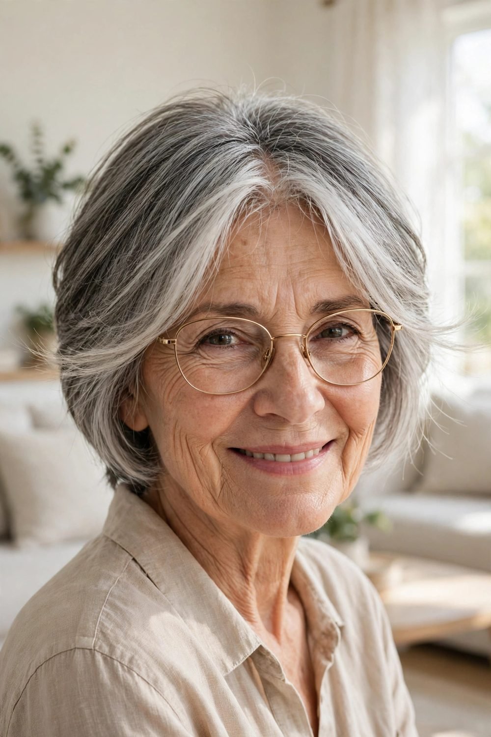 Short haircut with wispy bangs for women over 60: Short Layered Crop With Curtain Wisps