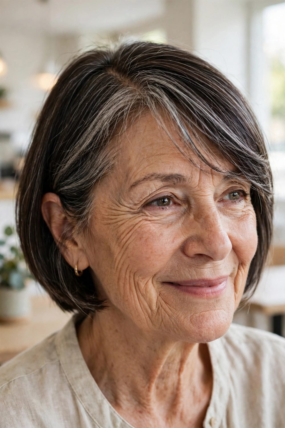 Short haircut with wispy bangs for women over 60: Side Swept Wispy Fringe On A Chin Length Bob