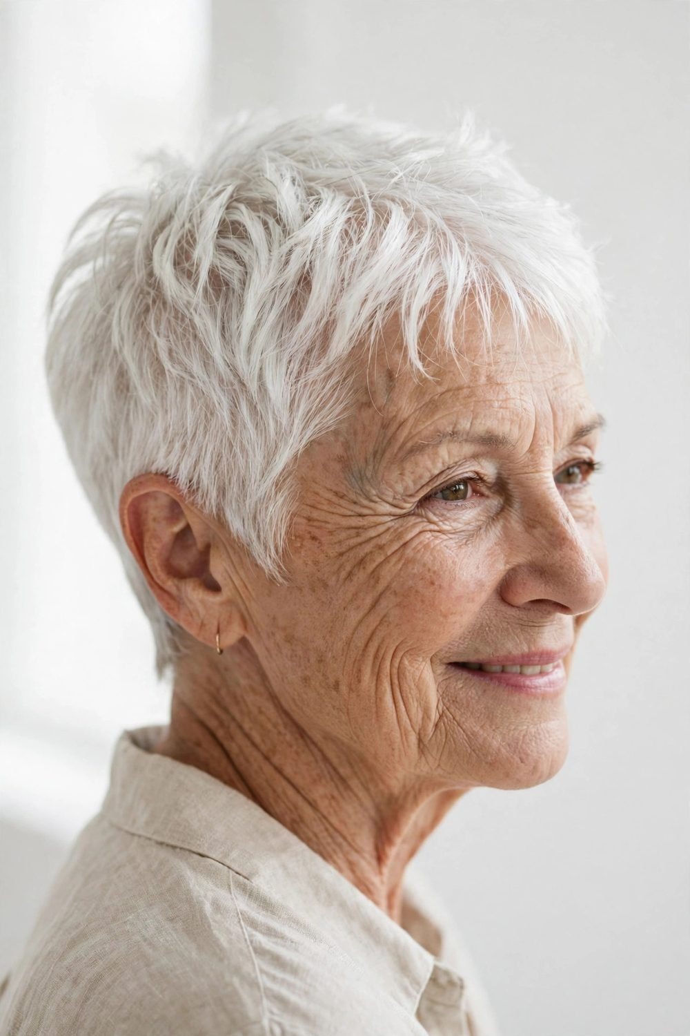Short haircut with wispy bangs for women over 60: Textured Micro Wisps On A Short French Crop