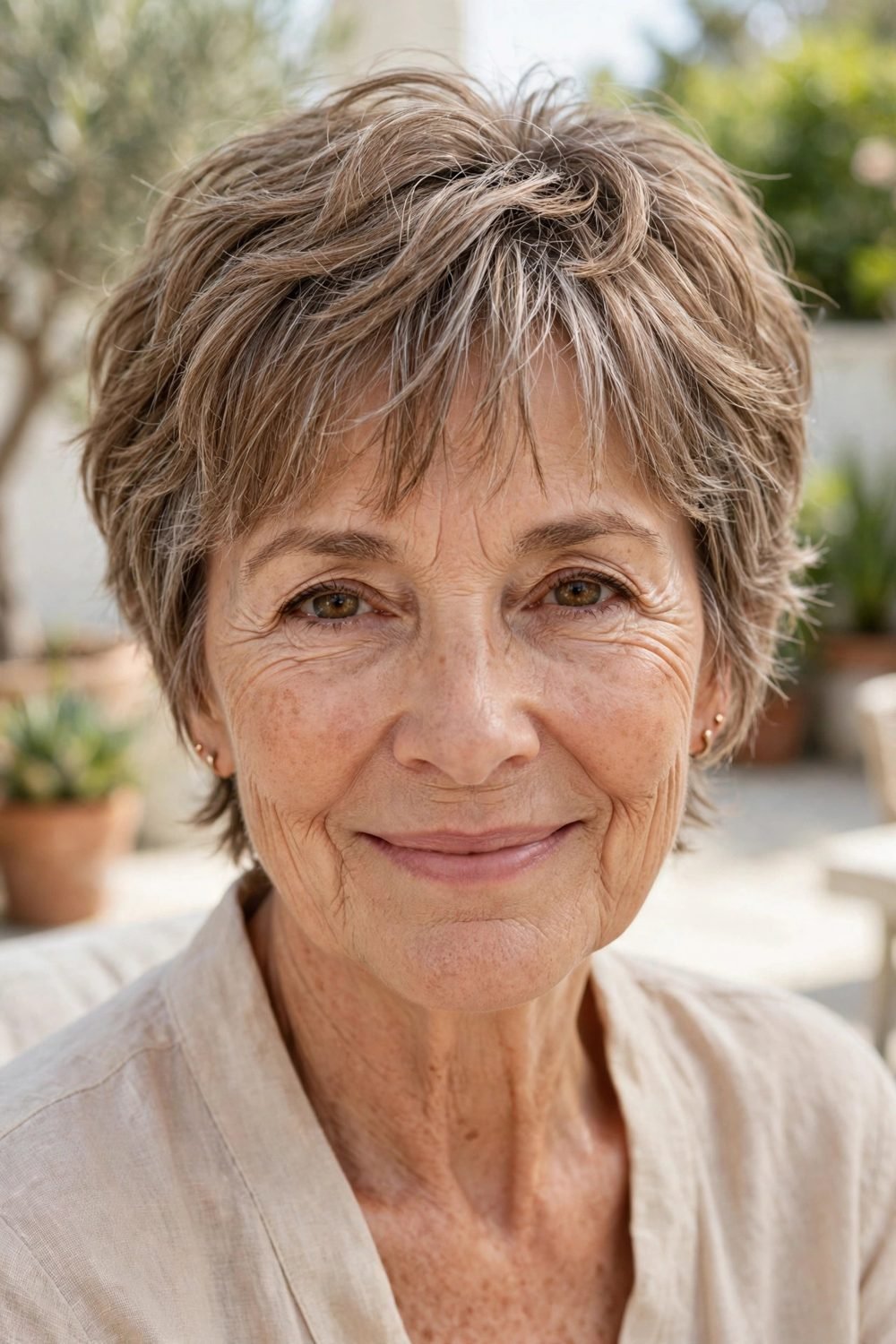 Short haircut with wispy bangs for women over 60: Choppy Pixie Bob With Piecey Bangs