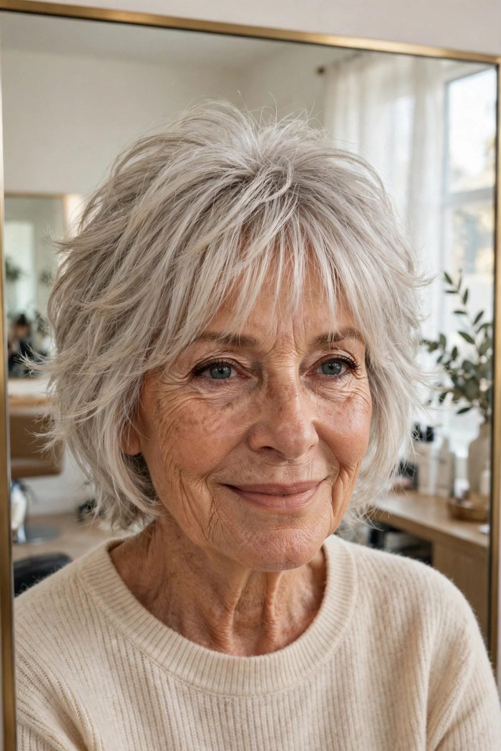 Short haircut with wispy bangs for women over 60: Soft Shag With Bottleneck Wispy Bangs