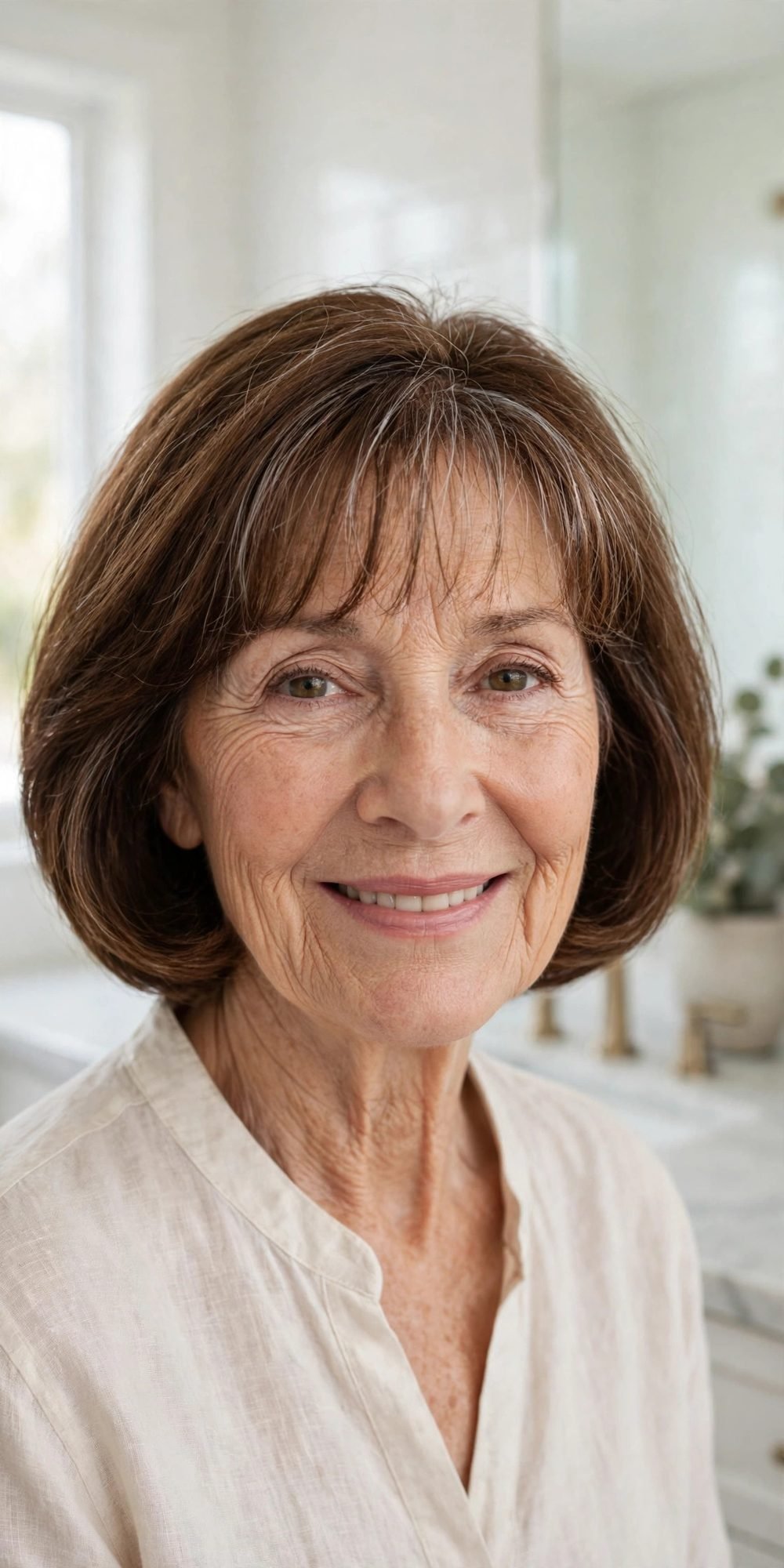 Short haircut with wispy bangs for women over 60: Rounded Bob With A Light Brow Skimming Fringe