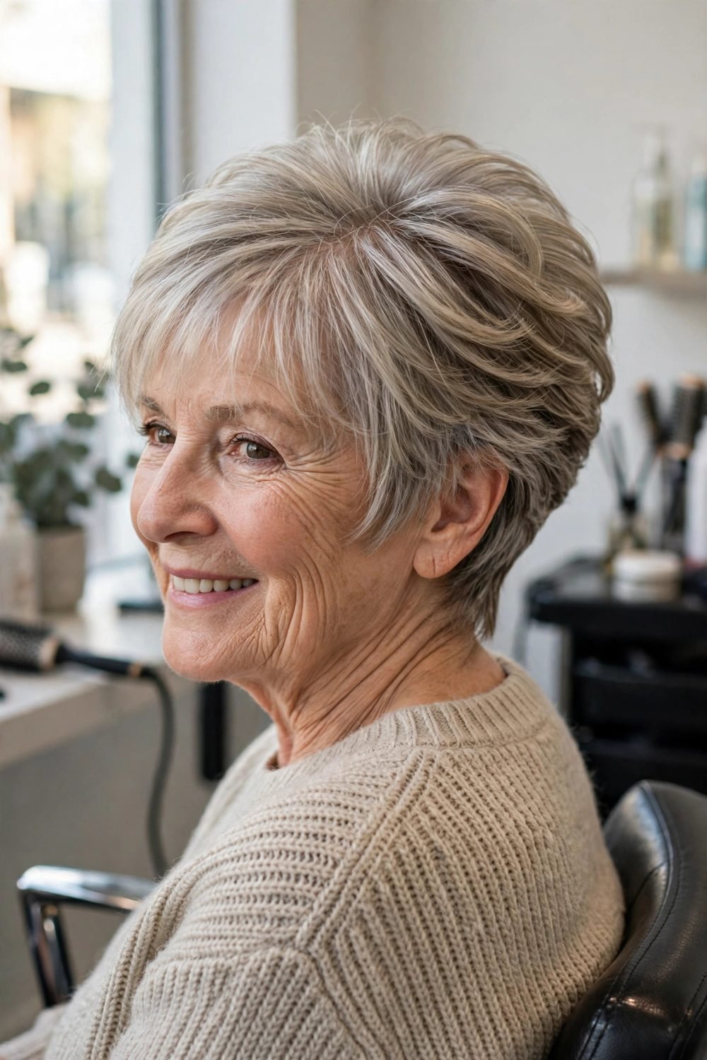 Short haircut with wispy bangs for women over 60: Short Wedge With Feathered Front Layers