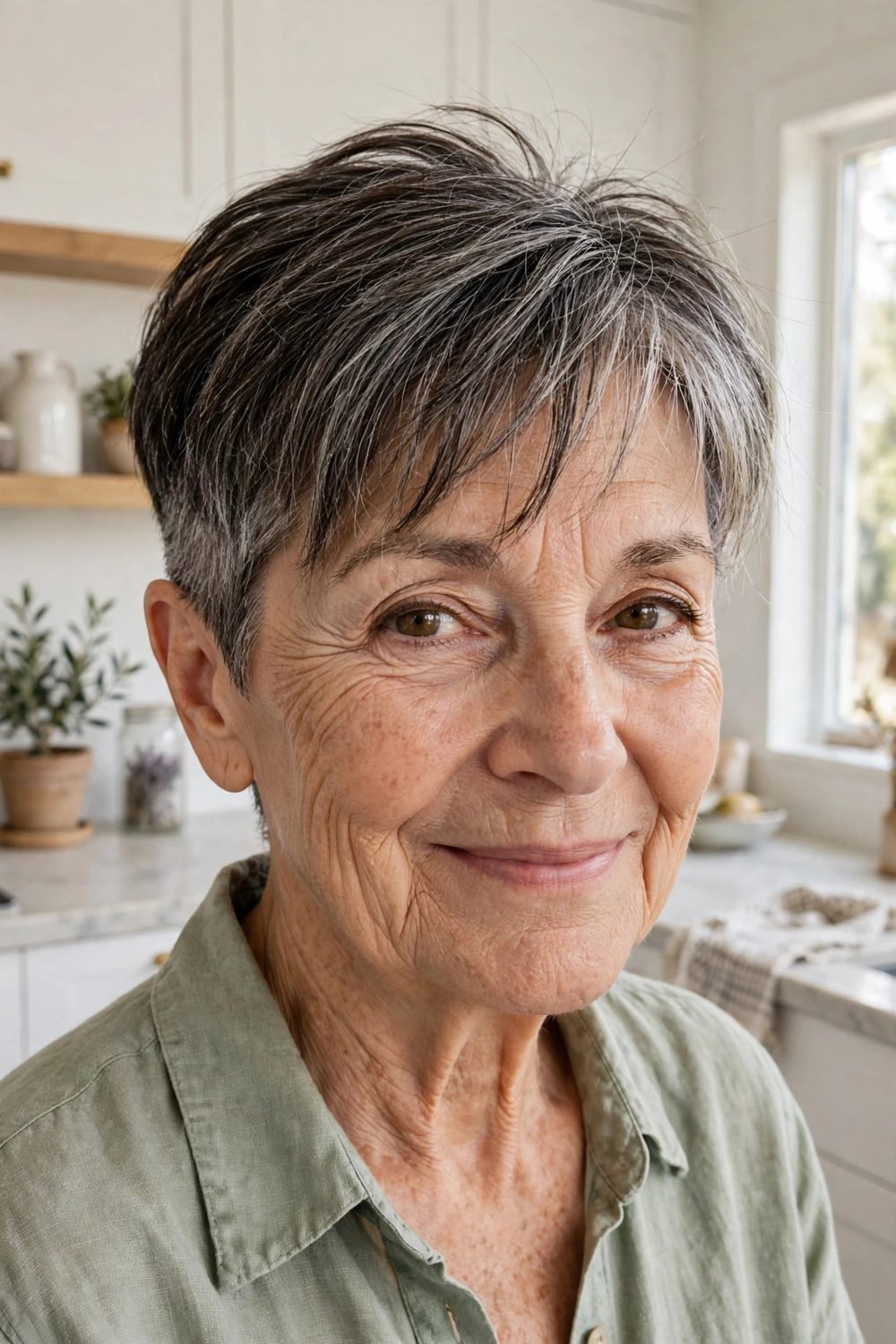 Short haircut with wispy bangs for women over 60: Boyish Crop With A Long Wispy Top Fringe