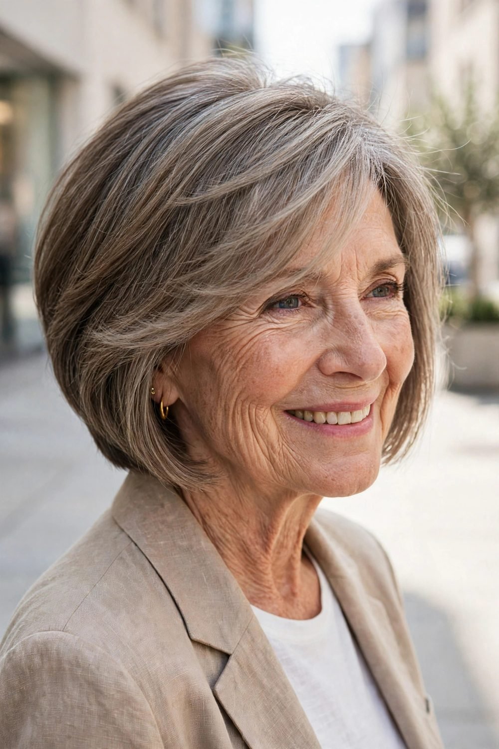 Short haircut with wispy bangs for women over 60: A Line Short Bob With Diagonal Wispy Bangs