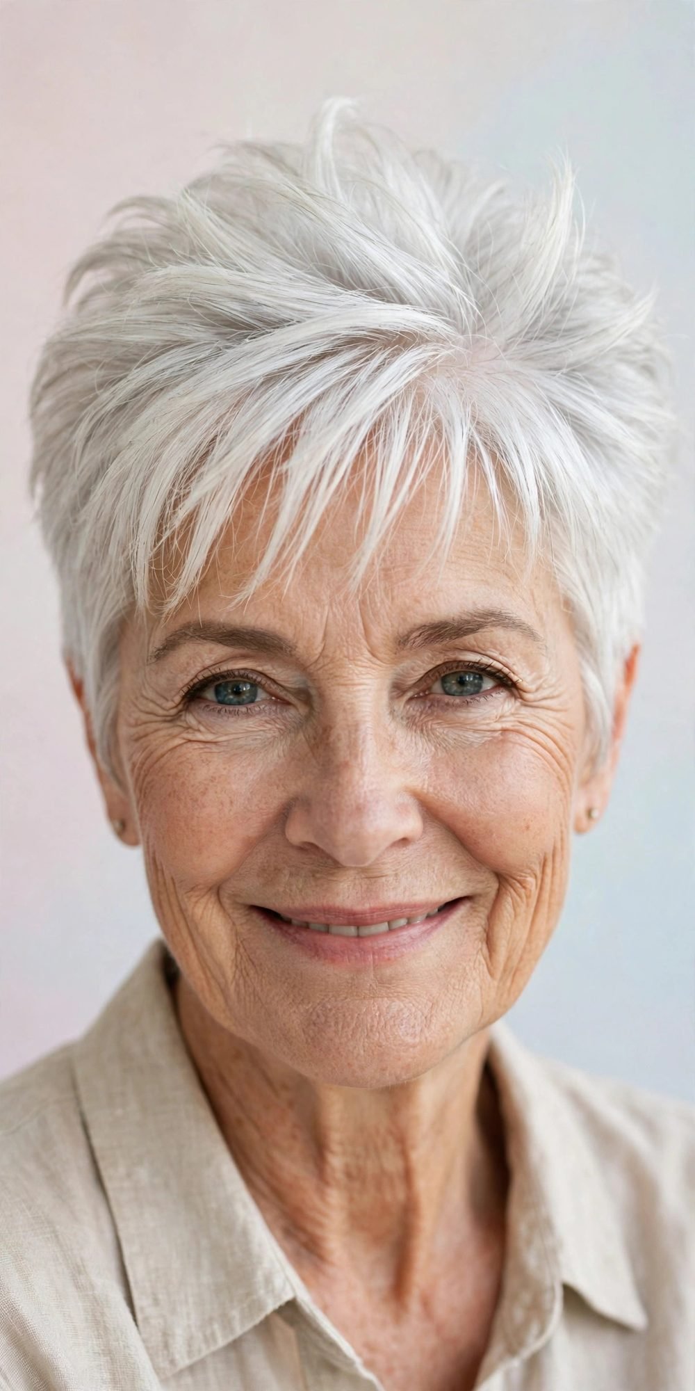 Short haircut with wispy bangs for women over 60: Short Haircuts With Wispy Bangs Over 60 Styled As A Lifted Crown Pixie