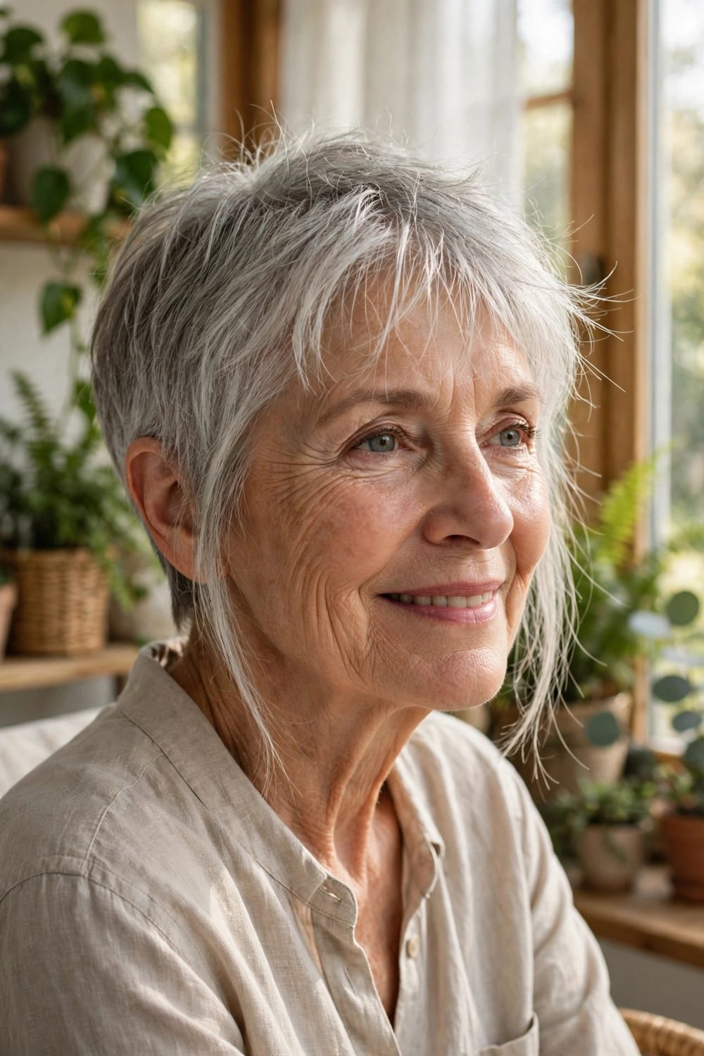 Short haircut with wispy bangs for women over 60: Silver Crop With A Soft Wispy Fringe And Gentle Face Framing